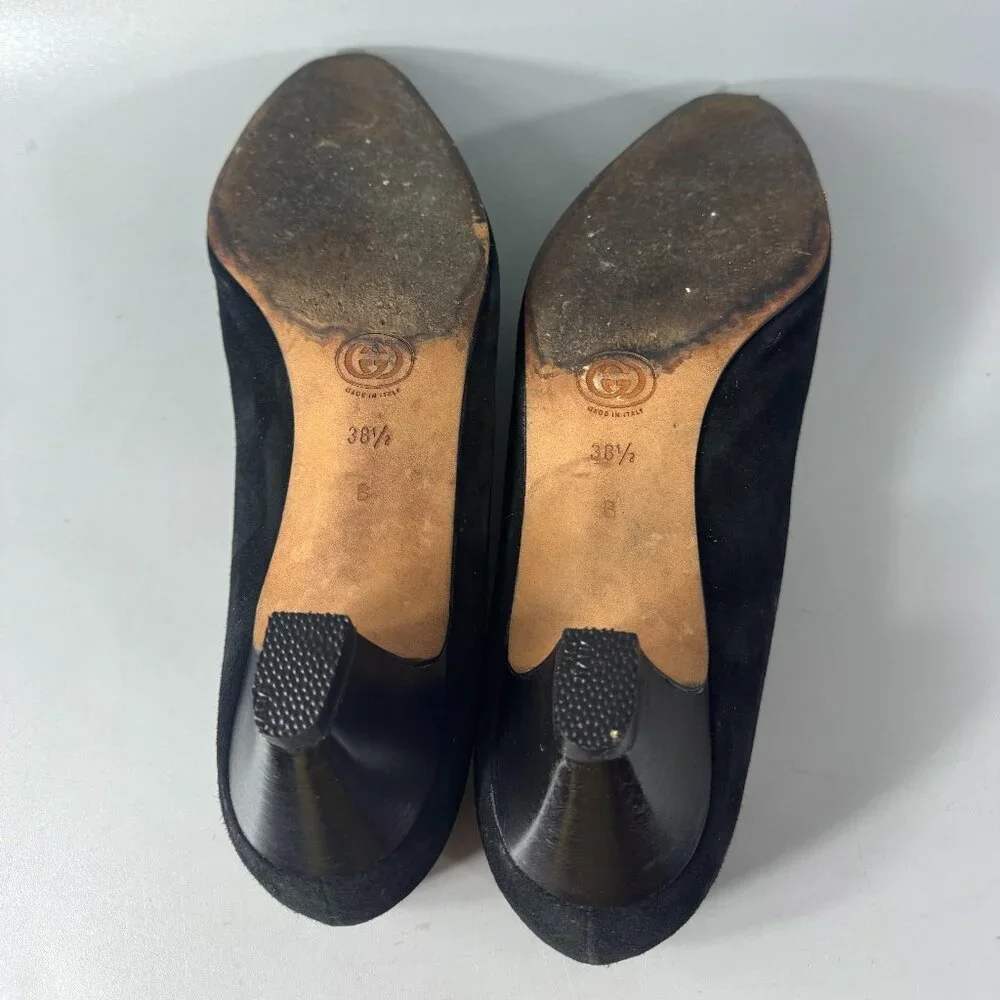 Authentic Gucci 70's-80's Black Suede/Leather w/ Micro GG Logo Pumps, Size 38.5 - Picture 8 of 14